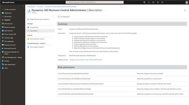 Função Administrador do Business Central no portal do Azure