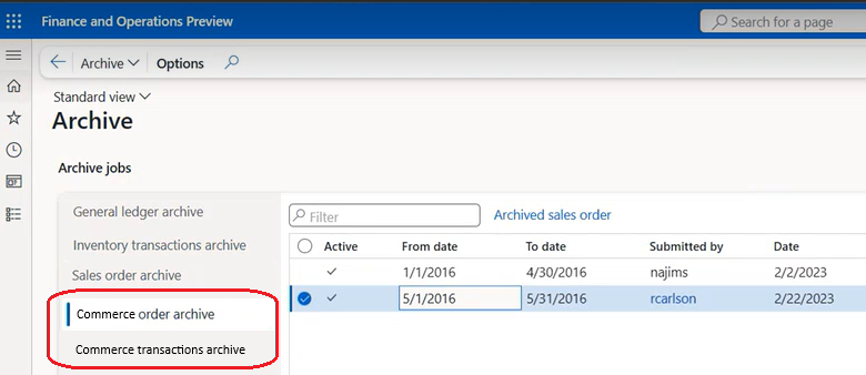 Captura de tela destacando as opções de arquivamento de ordens e arquivamento de transações do Commerce.