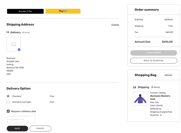 Captura da tela Finalização a compra com a opção de solicitar uma data de entrega selecionada.