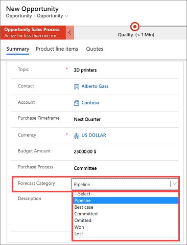 Captura de tela de um formulário de oportunidade com a categoria Previsão expandida.