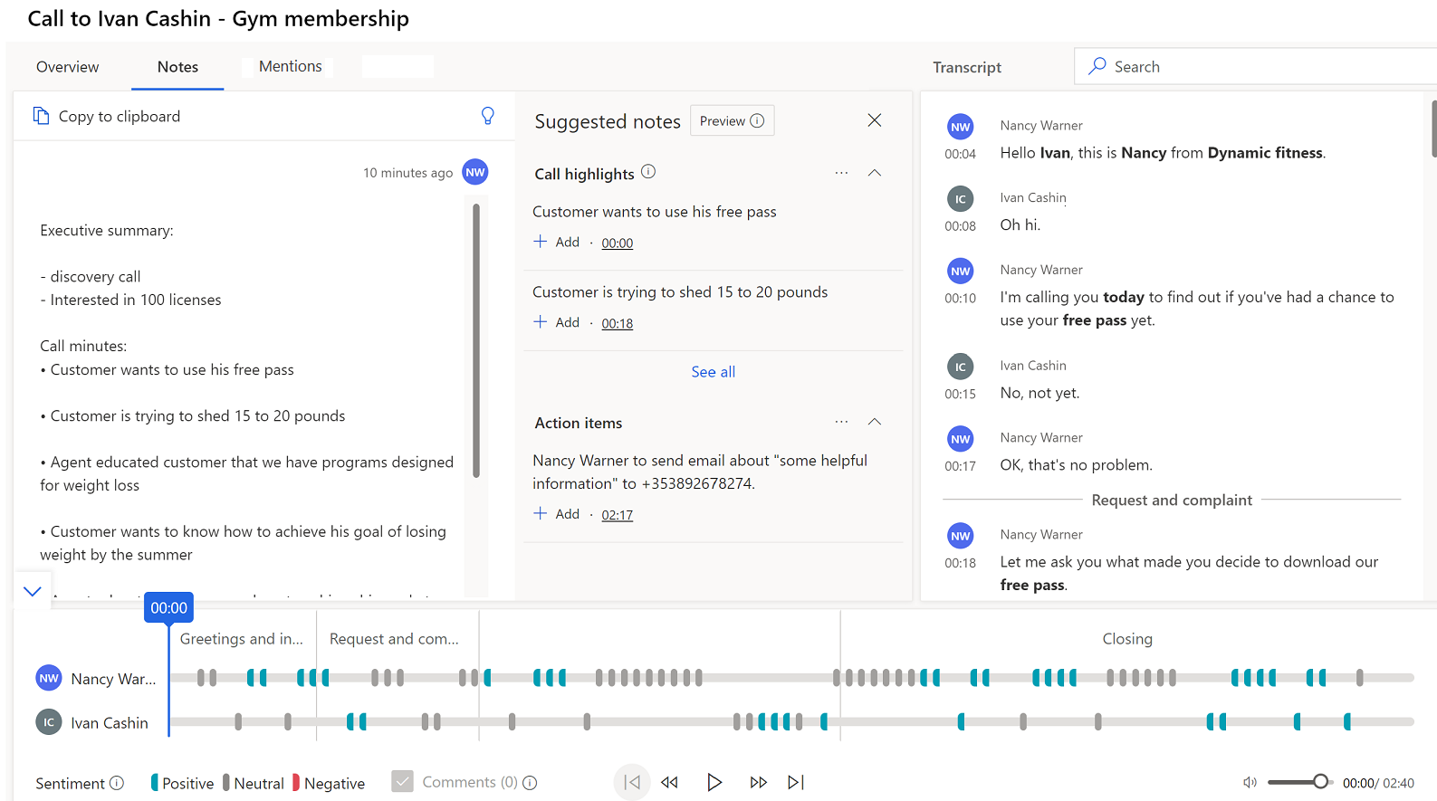 Guia Insights de chamada em uma atividade Telefonema