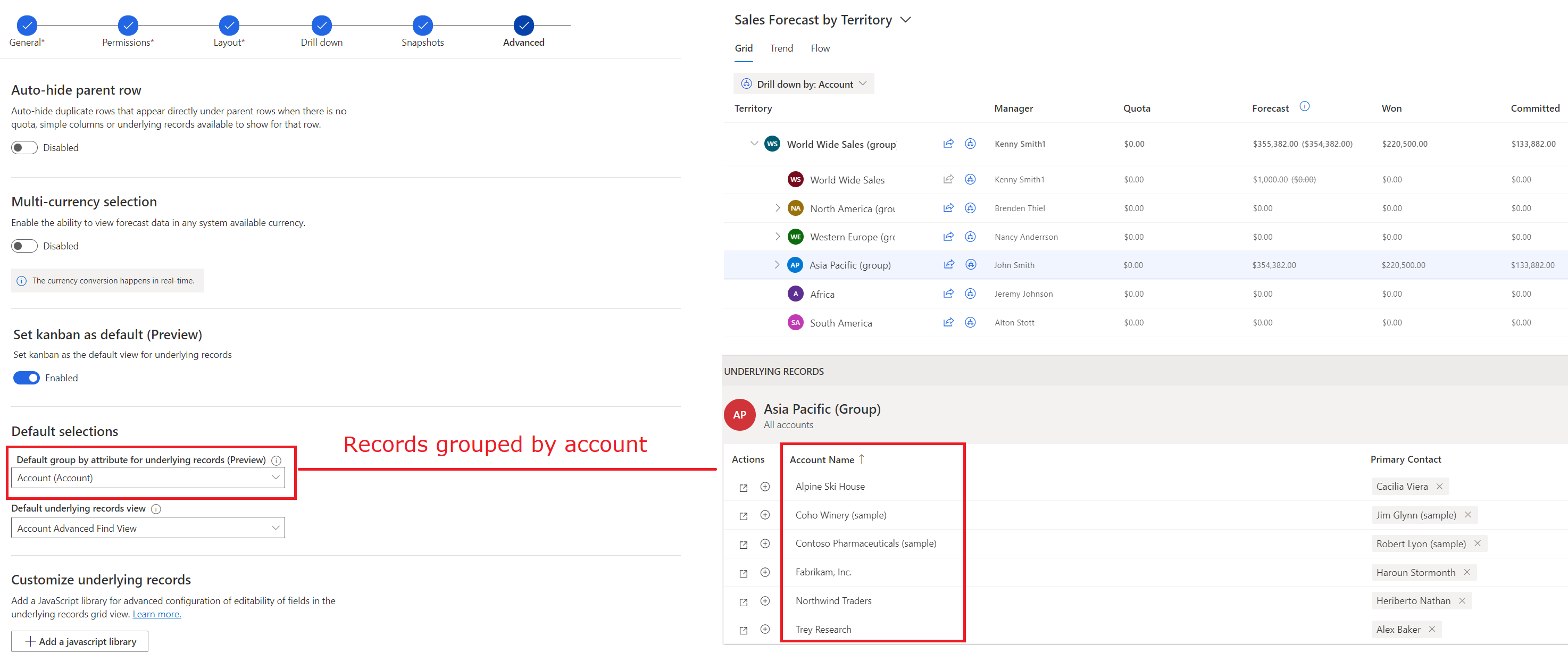 Uma captura de tela da opção Agrupar por atributo e como os registros são agrupados com base no atributo selecionado.