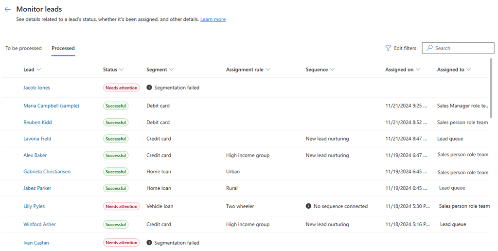 Exibir a lista de registros de cliente potencial não atribuídos.