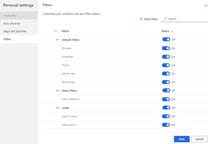 Captura de tela da seleção de filtros em configurações pessoais.