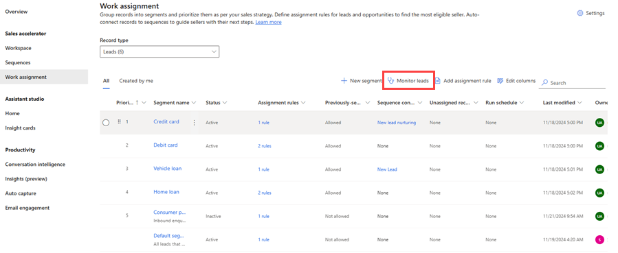 Captura de tela da página Atribuição de trabalho mostrando registros de cliente potencial, com o botão Monitorar leads e registros não atribuídos realçados.