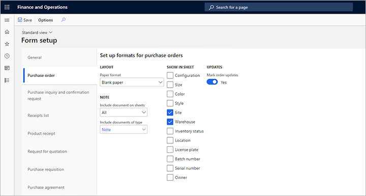 Página de configuração de formulários.