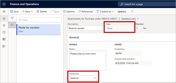 Nota anexada configurada para ser enviada a um fornecedor.