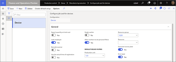 Página Configurar ficha de trabalho para dispositivos.