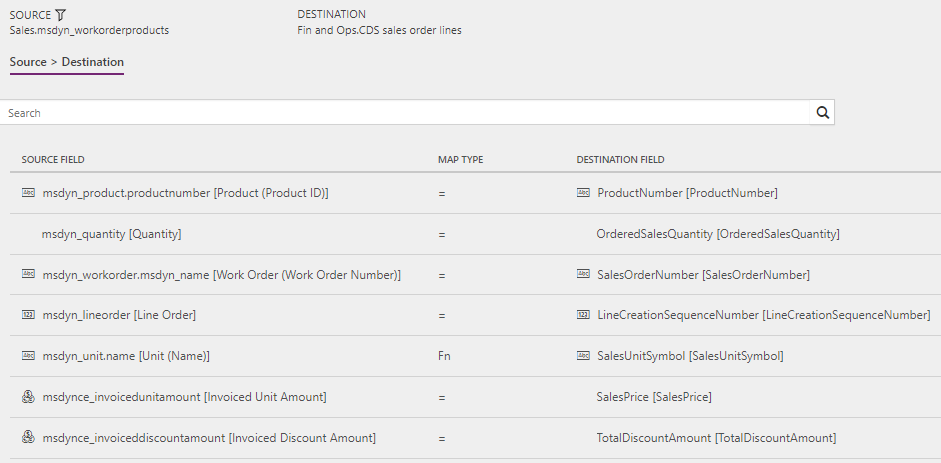 Template mapping in Data integration for Work orders to Sales orders (Field Service to Supply Chain Management): WorkOrderProductLineUsed.