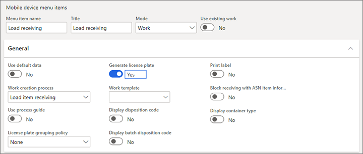 Configurações do item de menu do dispositivo móvel.