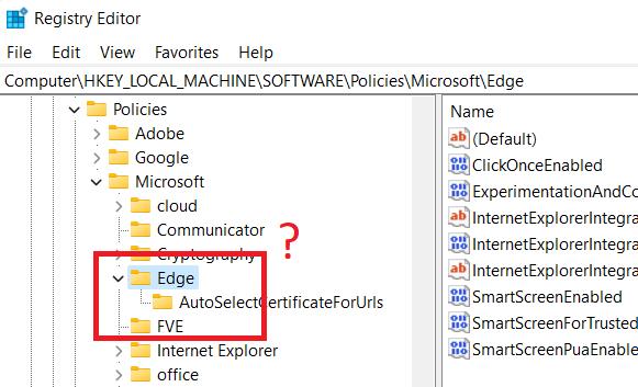 Uma captura de ecrã que contém a GUI do Registo, que indica a falta de subchave na tecla 