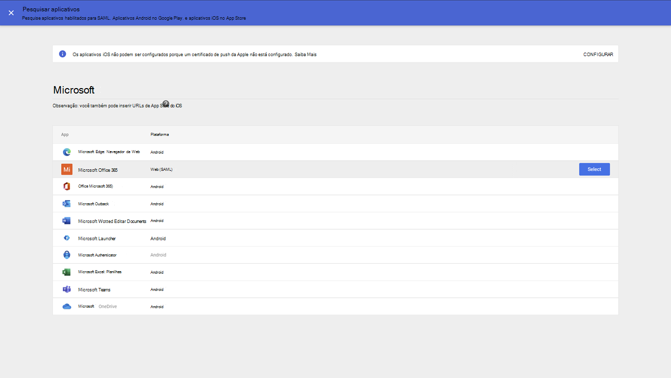 Captura de Ecrã a mostrar a Área de Trabalho do Google e o botão de pesquisa para Microsoft Office 365 aplicação SAML.