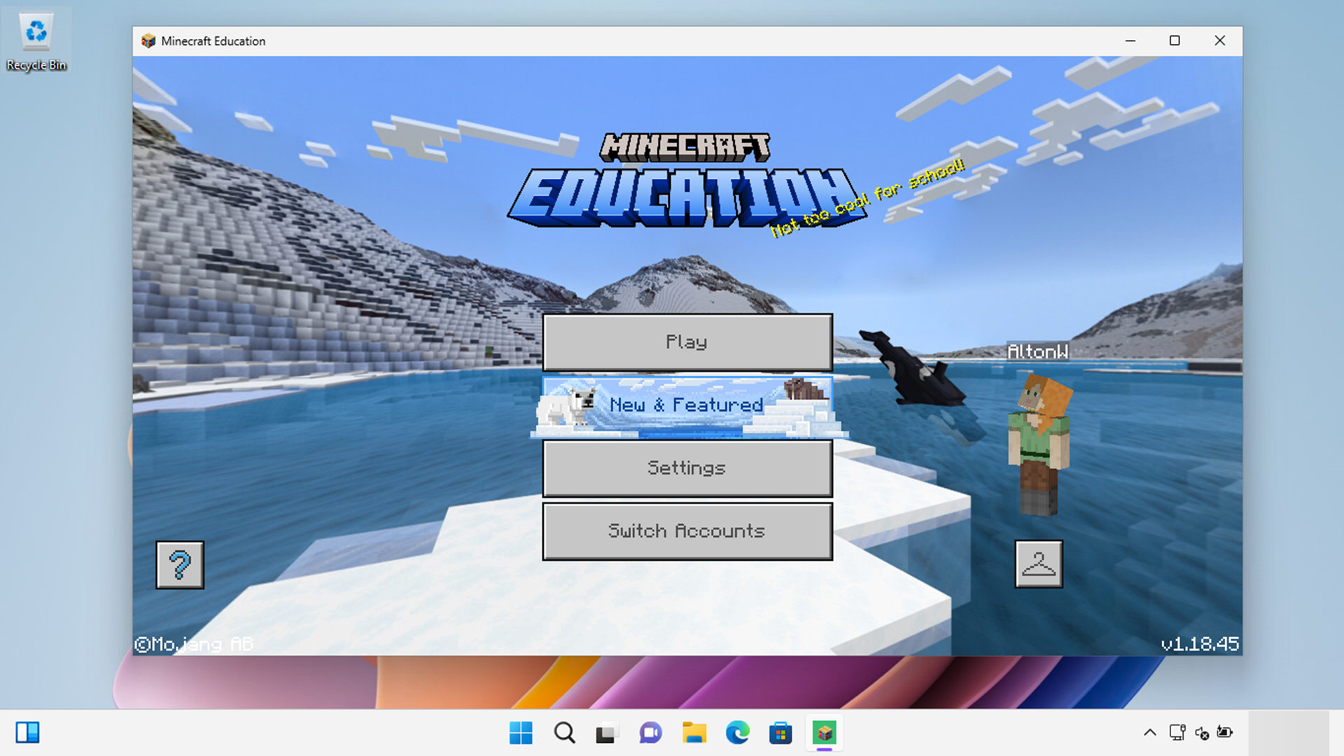 Captura de ecrã da execução do Minecraft Education num dispositivo Windows 11.