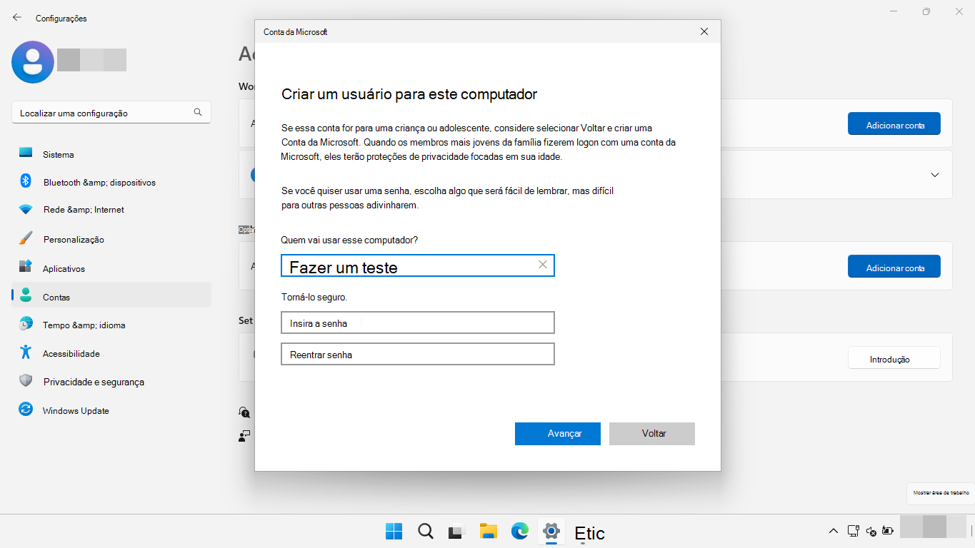 Utilizar a aplicação Definições para criar uma conta de teste.