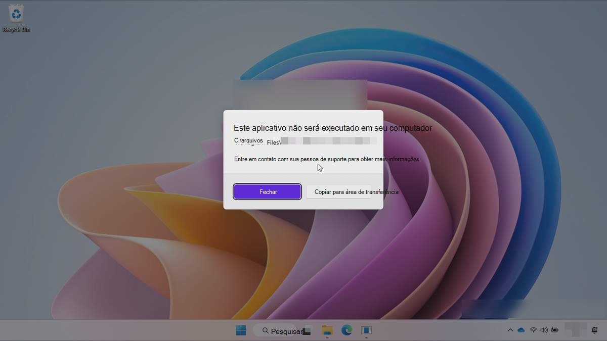 Captura de ecrã a mostrar o Windows SE – janela de erro ao abrir uma aplicação.