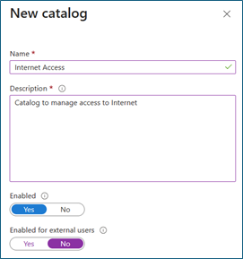 Captura de tela de Novo catálogo com a opção Não selecionada no controle Habilitado para usuários externos.