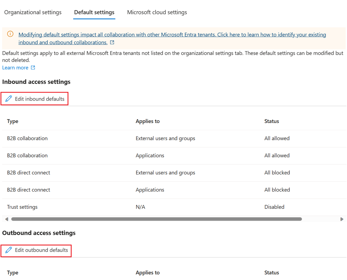 Captura de tela que mostra os botões de edição para Configurações padrão.