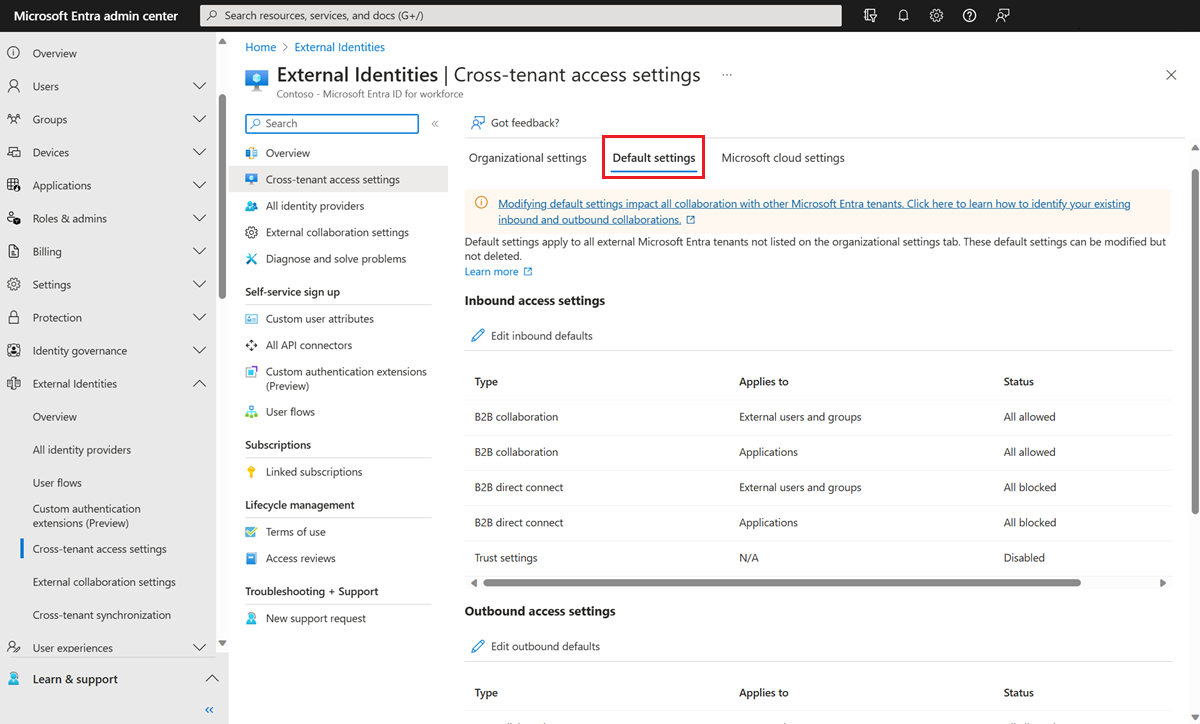 Captura de tela que mostra a guia de Configurações de acesso entre locatários Configurações padrão.