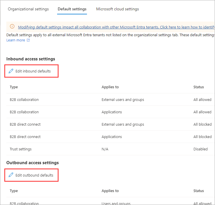 Captura de tela que mostra os botões de edição para Configurações padrão