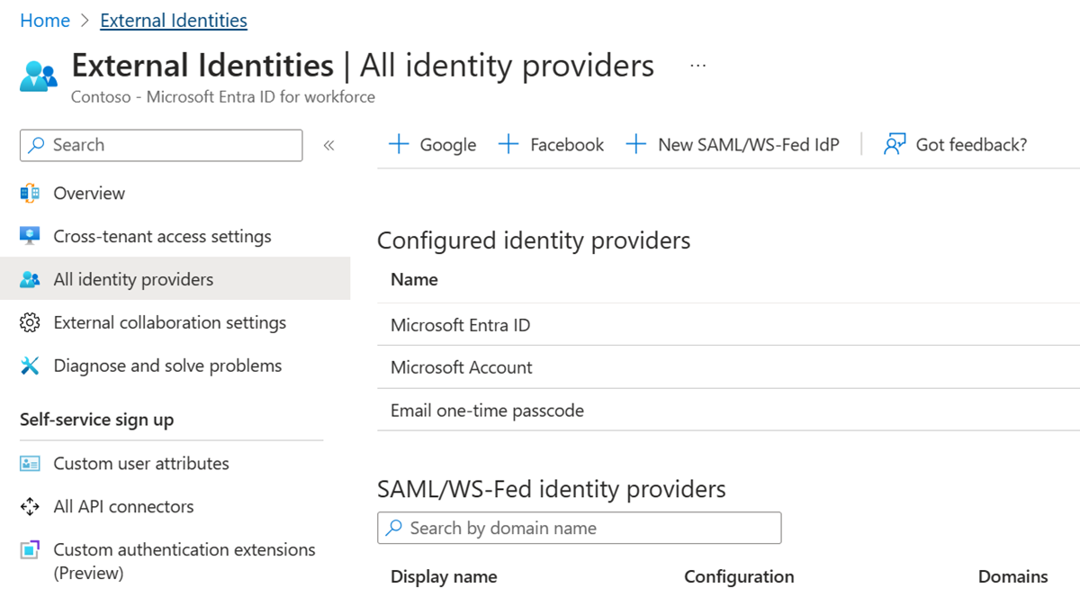 Captura de tela que mostra a página de Provedores de identidade.