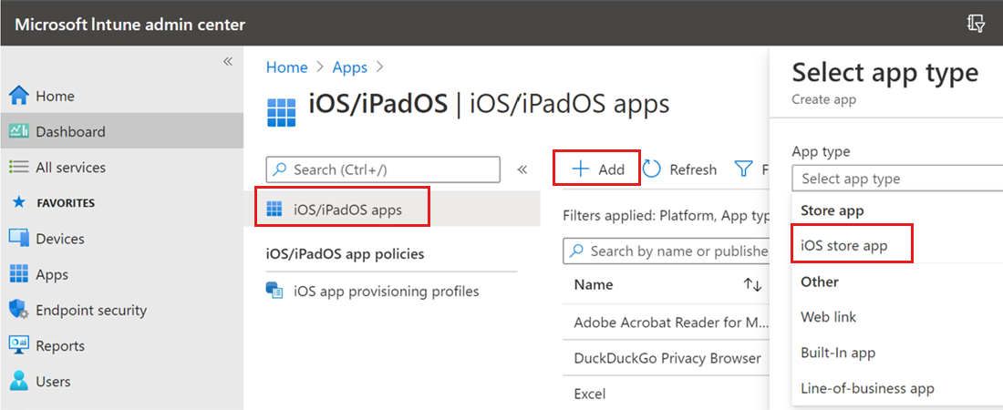 Captura de tela do Centro de administração do Microsoft Intune com as etapas para adicionar um aplicativo da loja iOS realçada.