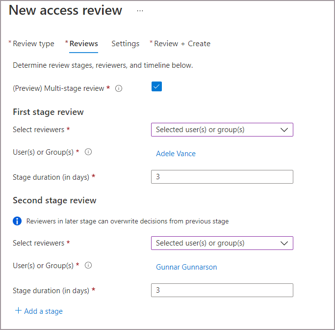 Captura de tela que mostra a revisão de várias etapas habilitada e as configurações de revisão de várias etapas.