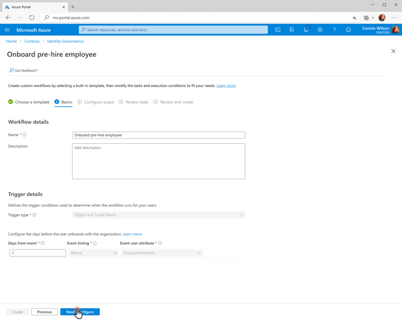 Captura de tela das informações básicas do modelo de fluxo de trabalho.