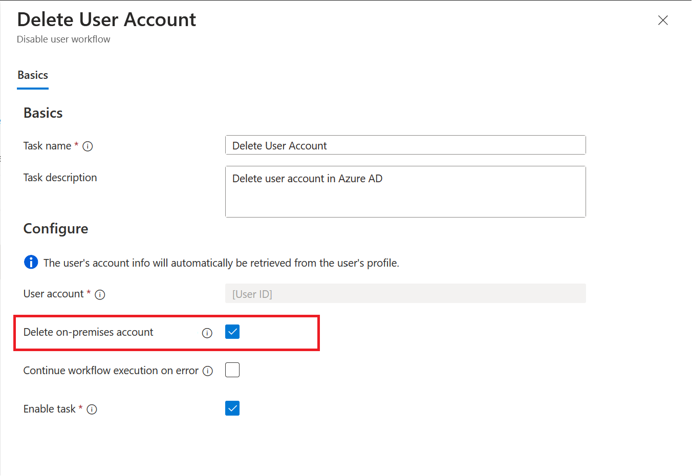 Captura de tela da configuração do sinalizador local para excluir a conta.