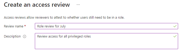 Captura de tela de Criar uma revisão de acesso – Nome da revisão e Descrição.