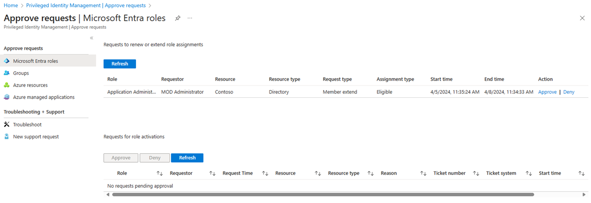 Captura de tela da página Aprovar solicitações – recursos do Azure mostrando a solicitação para revisão.