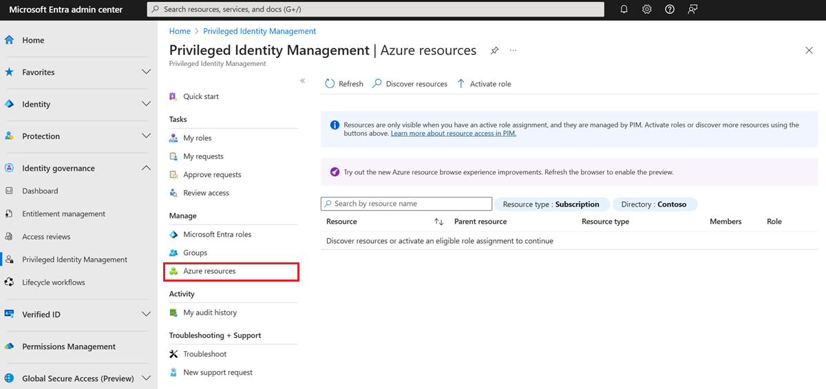 Captura de tela do painel Descobrir recursos sem recursos listados para a primeira experiência.