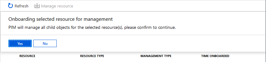 Captura de tela mostrando uma mensagem confirmando a integração dos recursos selecionados para gerenciamento.