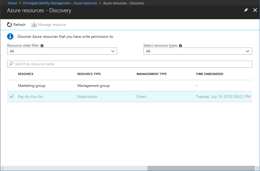 Captura de tela mostrando o painel de descoberta lista os recursos que podem ser gerenciados, como assinaturas e grupos de gerenciamento