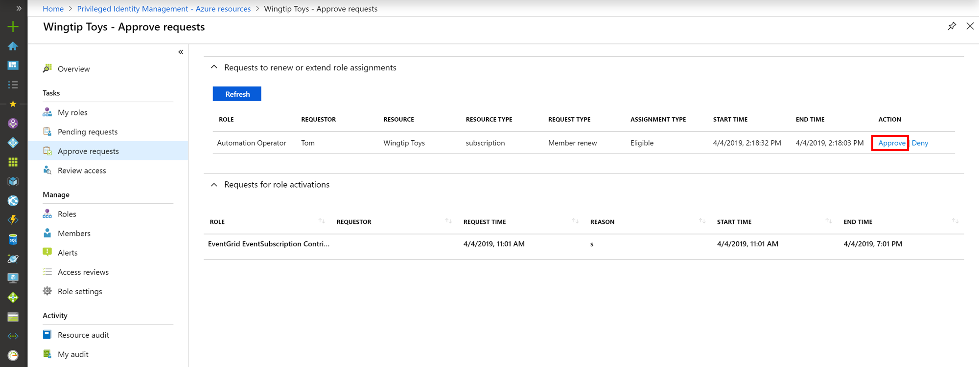 Captura de tela dos recursos do Azure – página de Aprovação de solicitações listando solicitações e links para aprovar ou negar.