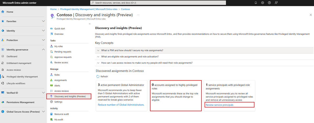 Captura de tela mostrando opções de insights adicionais para eliminar o acesso permanente e revisar as entidades de serviço.