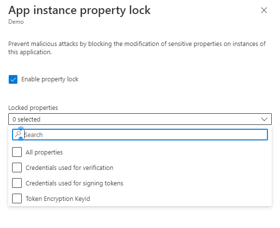 Captura de tela do painel de contexto de bloqueio de propriedade da instância de aplicativo de um registro de aplicativo.