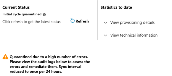 Barra de status de provisionamento mostrando o status de quarentena