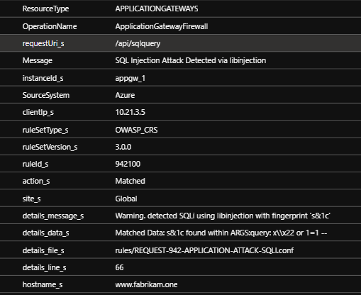 Captura de tela dos logs do WAF.