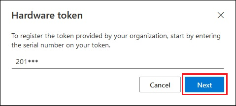 Captura de tela de como adicionar o número de série de um token OATH de hardware.