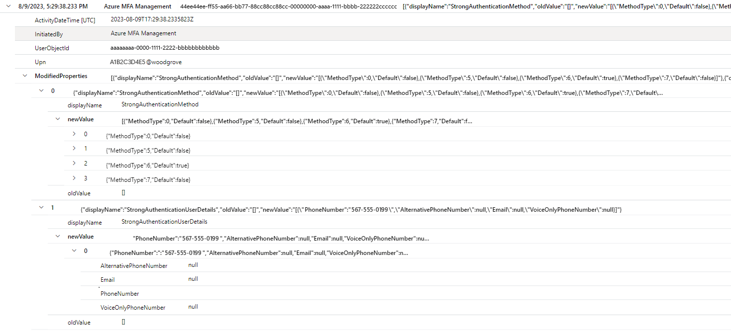 Captura de tela do Log Analytics para o usuário migrado.