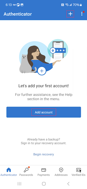 Captura de tela de como se registrar usando o Microsoft Authenticator para dispositivos Android.