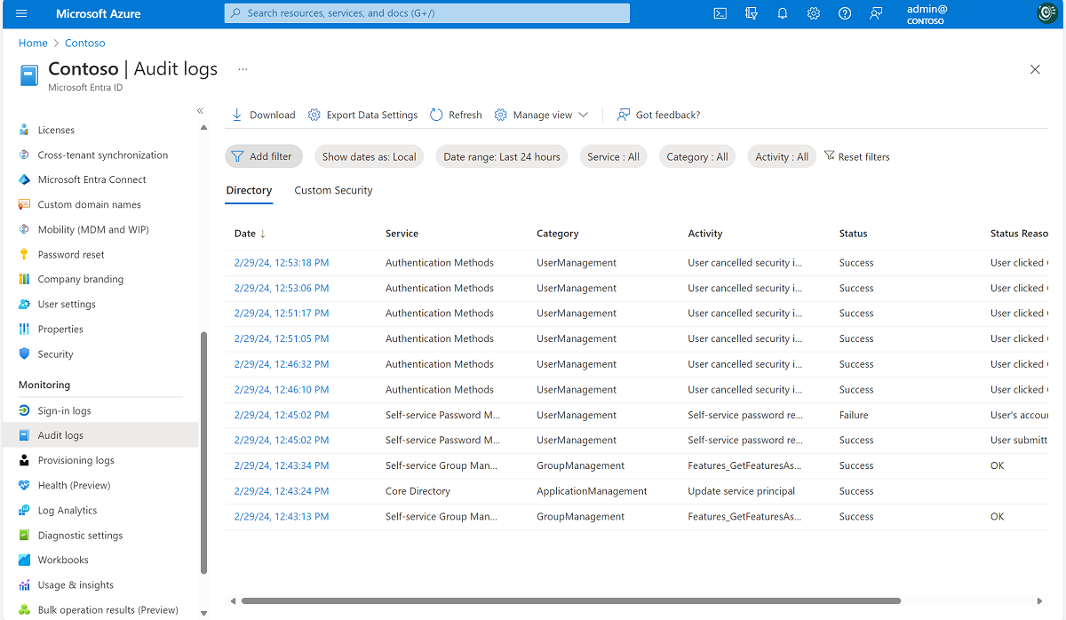 Interface de logs de auditoria do Microsoft Entra mostrando os eventos de registro