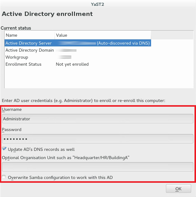 Exemplo de captura de tela da janela de registro do Active Directory no YaST