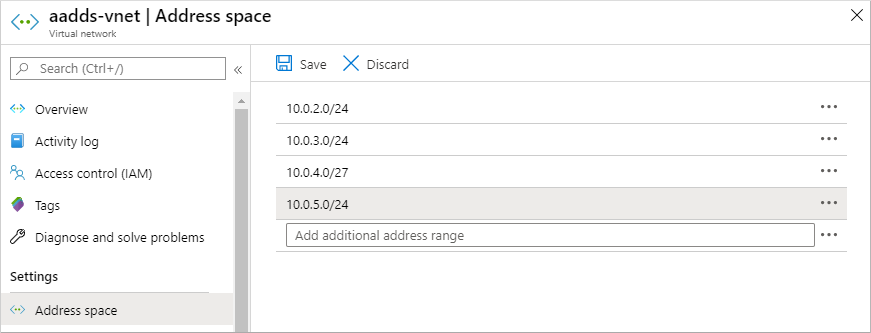 Adicionar um intervalo de endereços de IP de rede virtual adicional