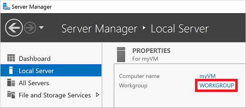 Abrir o Gerenciador do Servidor na VM e editar a propriedade do grupo de trabalho