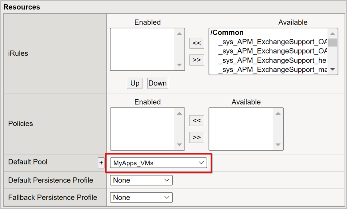 Captura de tela da opção Pool Padrão em Recursos.