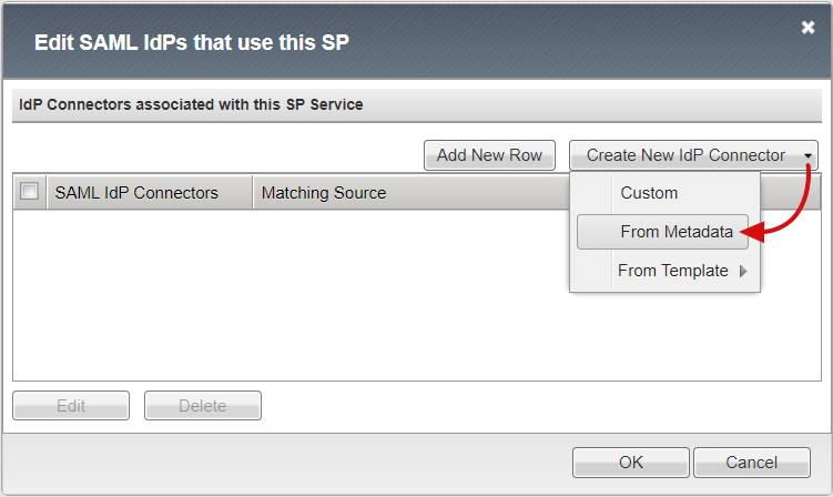 Captura de tela da opção De Metadados em Criar Novo Conector IdP em Editar IdPs SAML