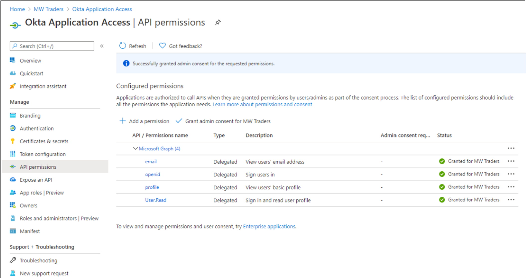 Captura de tela da página de permissões da API com uma mensagem sobre o consentimento concedido.