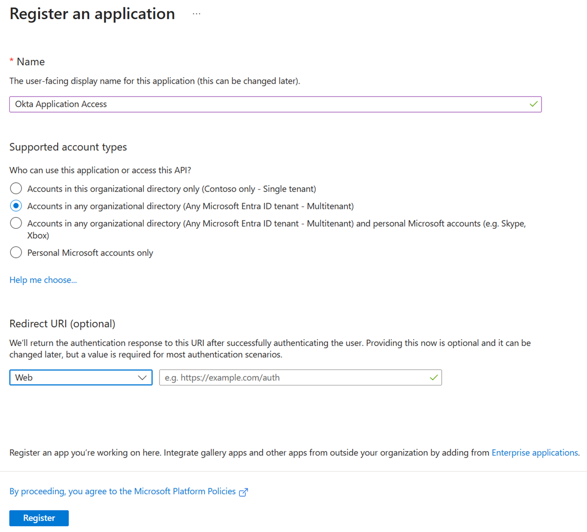 Captura de tela de Registrar um aplicativo.