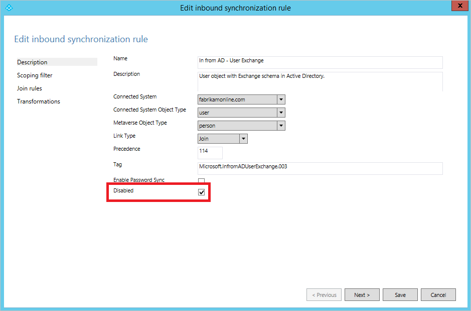 Disabled sync rule